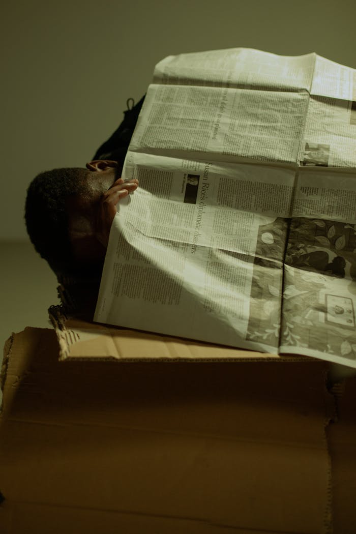 services-09 A man sleeps on a cardboard box, using a newspaper as a cover, symbolizing homelessness.